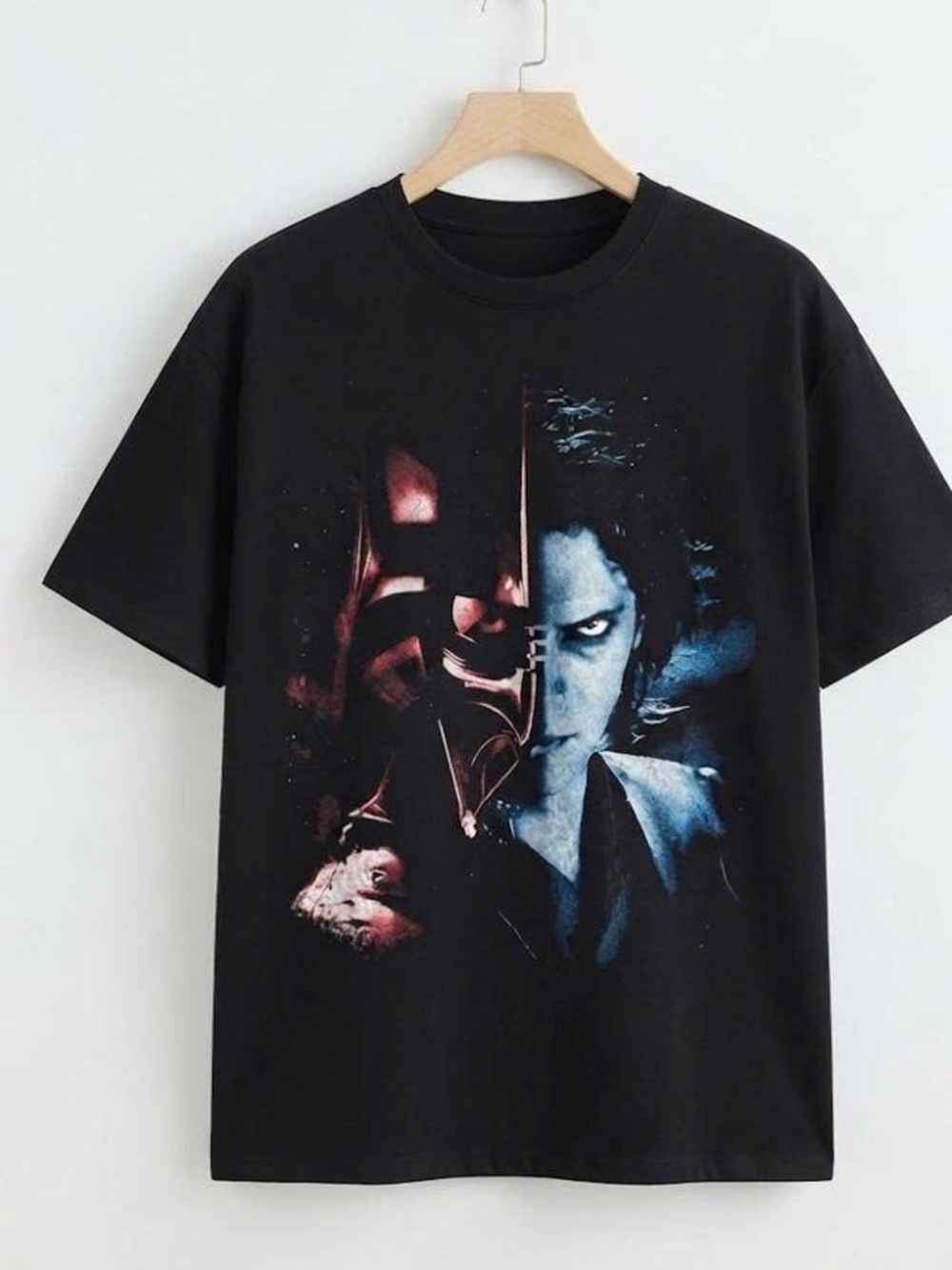 Black Graphic Tee with Red & Blue Character Print